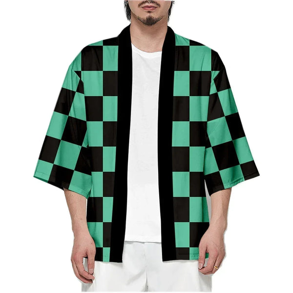 Costume cosplay Tanjiro Kamado de Demon Slayer : haori à damiers vert et noir et uniforme de Pourfendeur