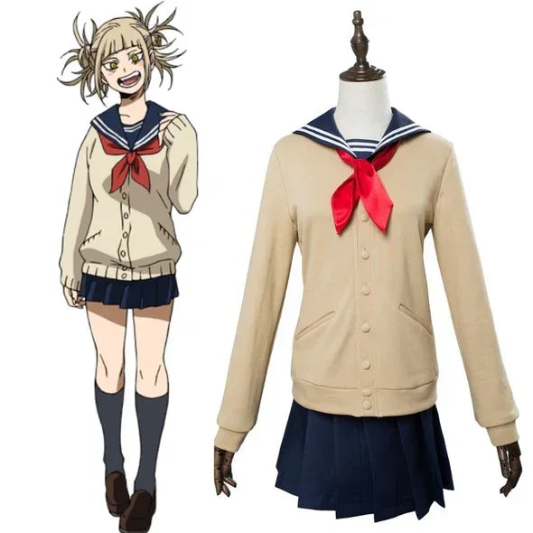 Costume cosplay Toga Himiko de My Hero Academia : uniforme scolaire, cardigan beige et écharpe
