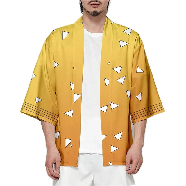 Costume cosplay Zenitsu Agatsuma de Demon Slayer : haori jaune à triangles et uniforme de Pourfendeur
