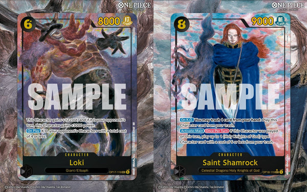 Yoshitaka Amano dessine Loki et Shamrock pour le One Piece Card Game : les cartes OP-18